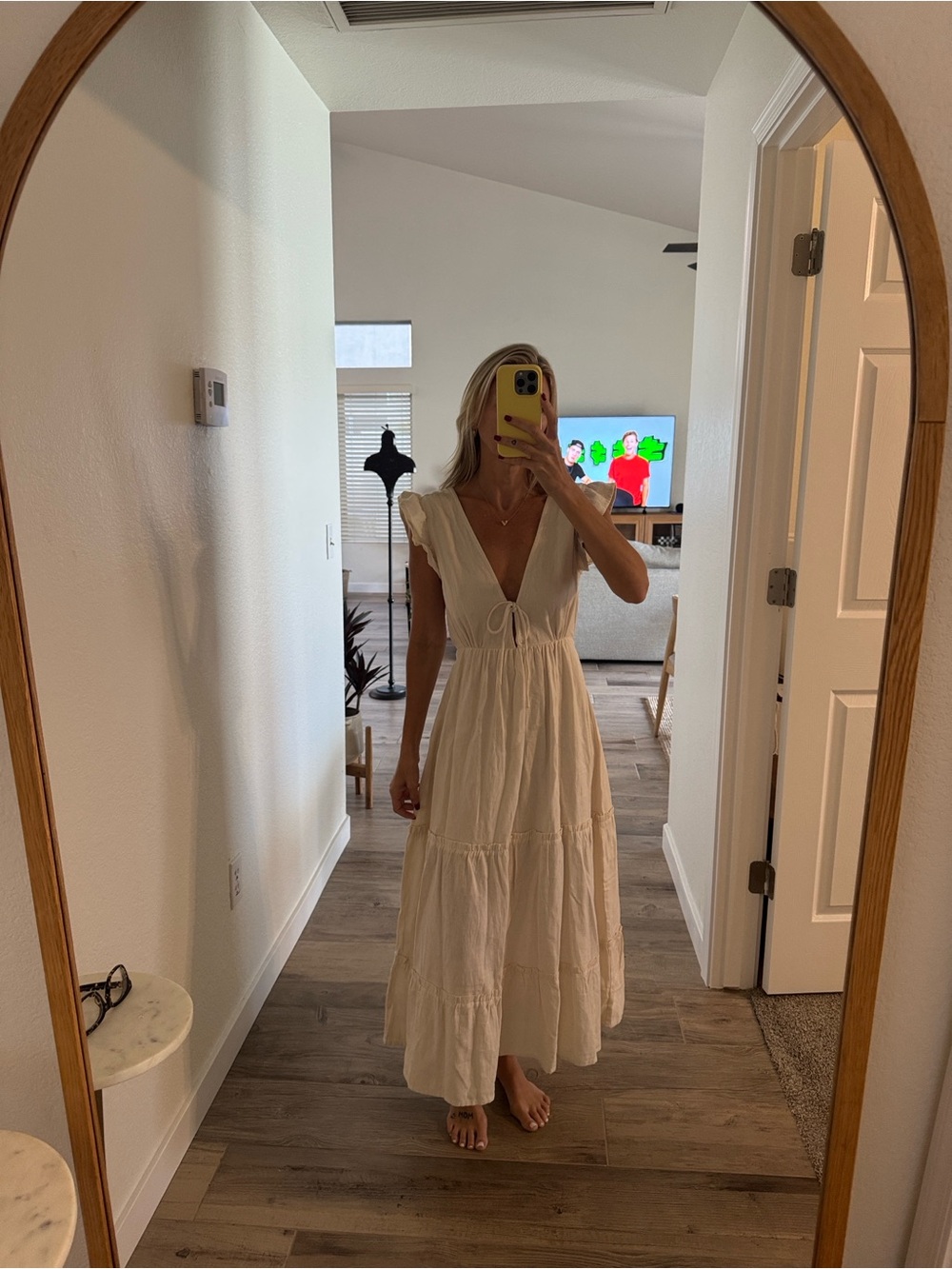 Cream Tiered Maxi Dress with Tie Front